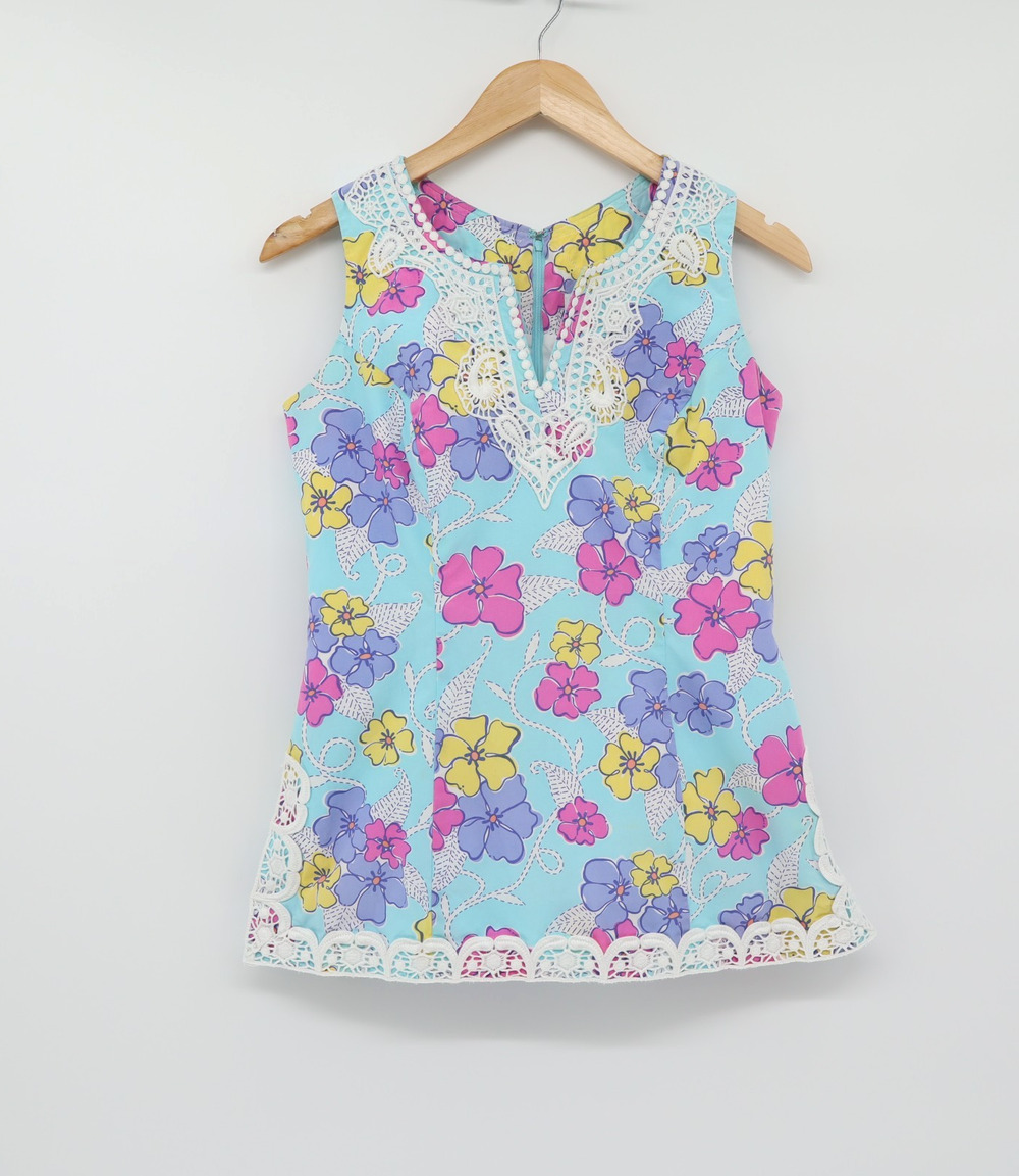 Vintage Lilly Pulitzer Sleeveless Floral Tunic Top Lace Trim Resortwear Sz 6
